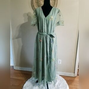 BloomChic Sage Green Floral Embroidered Maxi Dress